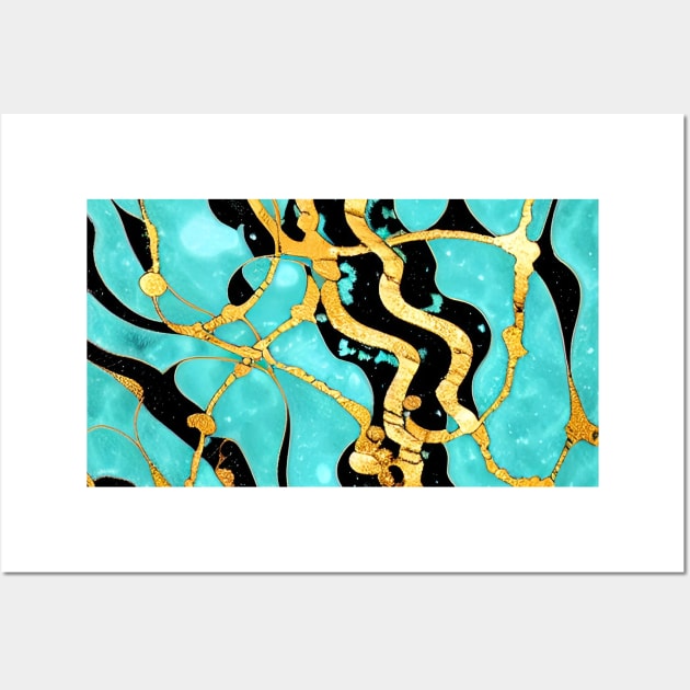 Turquoise Marbling with Gold and Black Wall Art by ArtistsQuest